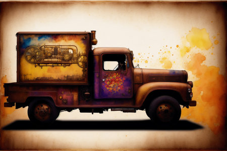 vintage truck with color splashes on a grunge paper backgroundの素材