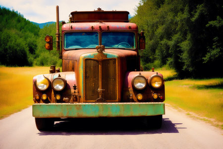 Old truck on the road in the mountains. Photo in old color image styleの素材