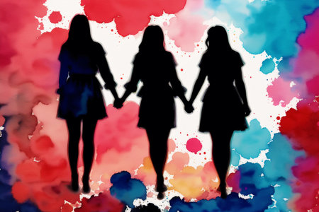 Silhouettes of girls on abstract watercolor background. vector illustration.の素材