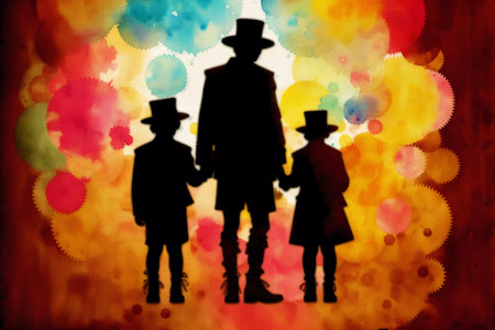 Grunge background with silhouettes of men and women in hatsの素材