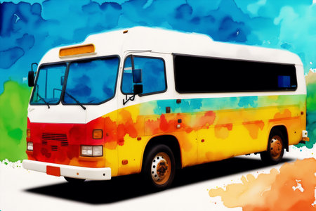 Illustration of a bus on a watercolor background with splashesの素材