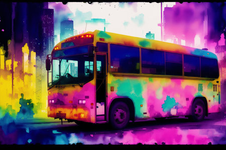 illustration of a school bus on the background of the night cityの素材