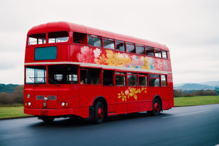 Red double decker bus on the road with blurred background of natureの素材