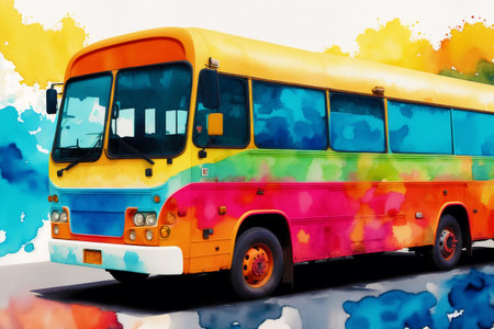Colorful school bus on a background of watercolor splashes.の素材