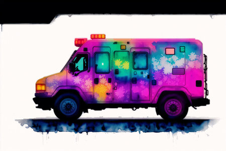 Ambulance car on a white background with colorful splashes.の素材