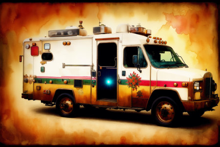 Retro style image of an old ambulance car on a grunge backgroundの素材