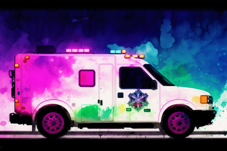 Ambulance on watercolor background. Artistic illustration for your designの素材