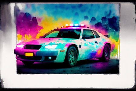 Digital painting of a police car in front of a colorful background.の素材