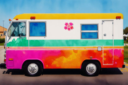 Colorful camper van painted with watercolor paint on a wallの素材