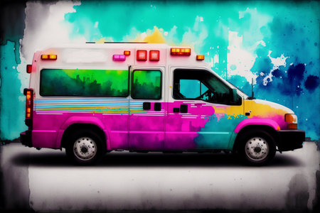 Ambulance car on abstract watercolor background. Illustration.の素材
