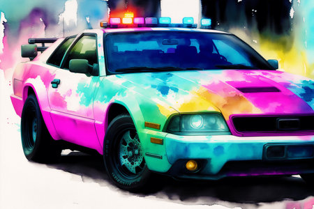 Police car with colorful lights on white background. digital art painting.の素材