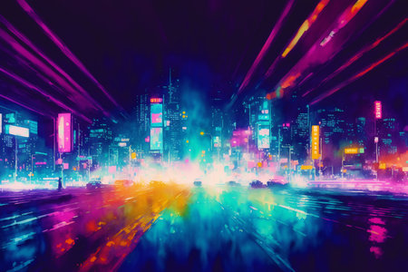 abstract night city with motion blur and light trails illustrationの素材