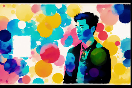 Illustration of a business man with colorful bokeh background.の素材