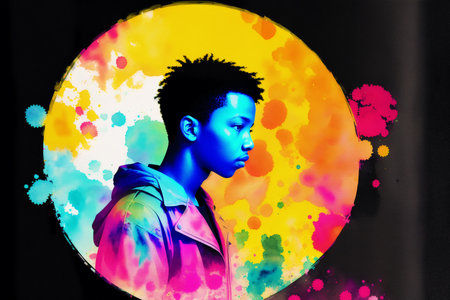 Portrait of a young african american man with colorful backgroundの素材