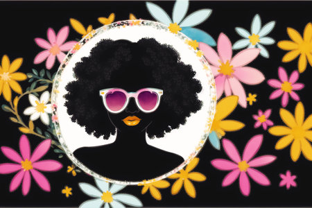 Illustration of a black woman wearing sunglasses on a floral background.の素材