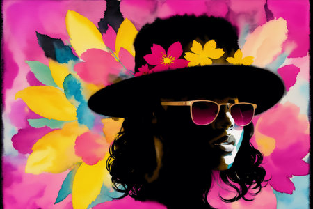 Illustration of a beautiful woman wearing hat, sunglasses and flowers.の素材