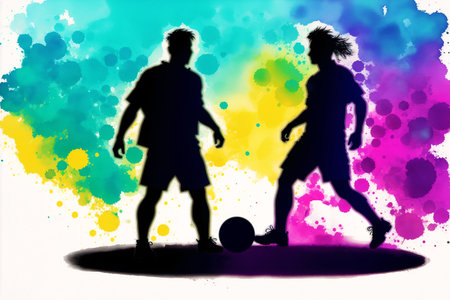 Soccer players silhouettes on colorful watercolor background. vector illustration.の素材