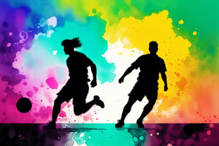 Soccer players silhouettes against splashes of watercolor paint.の素材