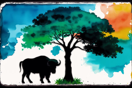 Watercolor background with big tree and buffalo silhouette. vector illustration.の素材