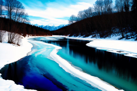 beautiful winter landscape with frozen river and snow-capped mountainsの素材