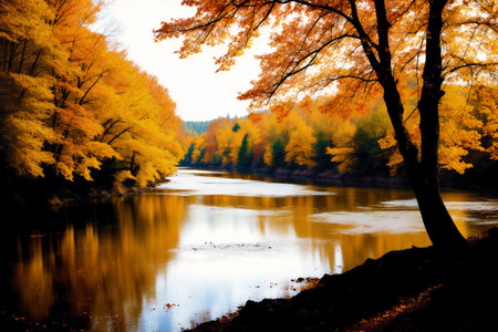 Beautiful autumn landscape with river and yellow trees. Toned.の素材