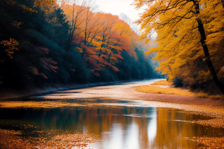 Autumn forest and river. Colorful autumn landscape with river and treesの素材