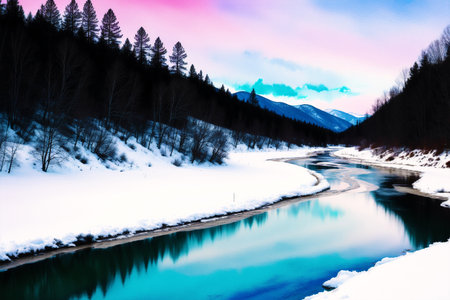 beautiful winter landscape with mountain river and snow covered forest at sunsetの素材