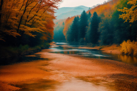 Colorful autumn landscape with river and forest. colorful autumn landscapeの素材