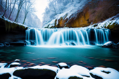 Beautiful winter waterfall in the forest. winter landscape. long exposure.の素材