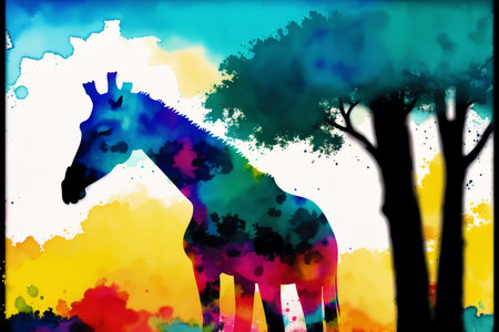 Giraffe silhouette on colorful watercolor background, vector illustration.の素材