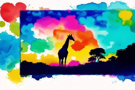 Giraffe silhouette on background of colorful rainbow. vector illustration.の素材