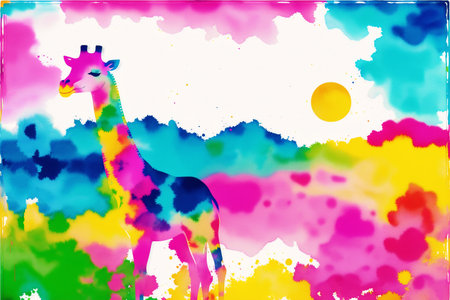 giraffe on a background of multicolored clouds and sunの素材