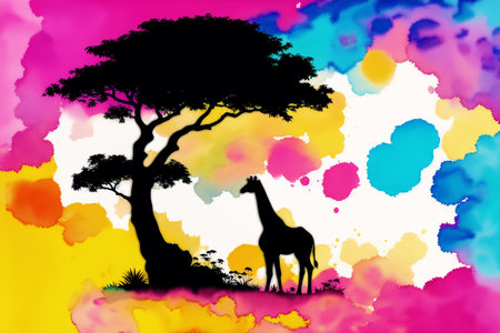 giraffe and tree silhouette on colorful watercolor splashes backgroundの素材