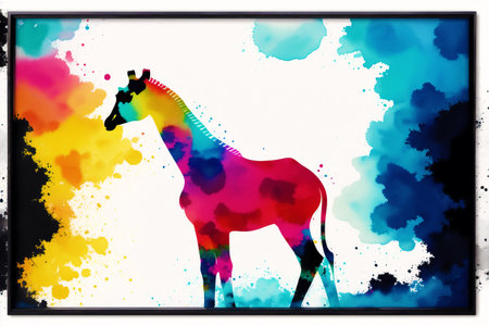 Giraffe silhouette with colorful watercolor splashes on white backgroundの素材