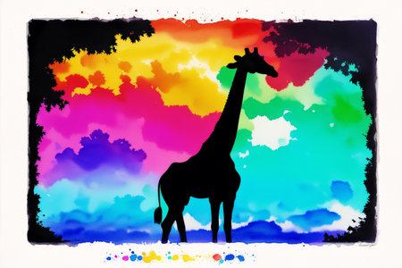 Giraffe silhouette on colorful background with space for your text.の素材