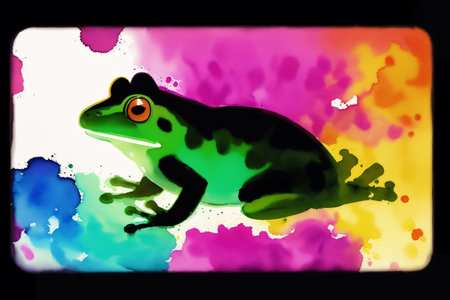 Frog and watercolor blots on a black background. vector illustration.の素材
