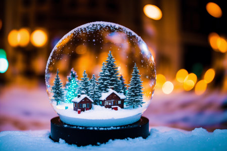 Snow globe with Christmas tree and house at night. Christmas and New Year concept.の素材