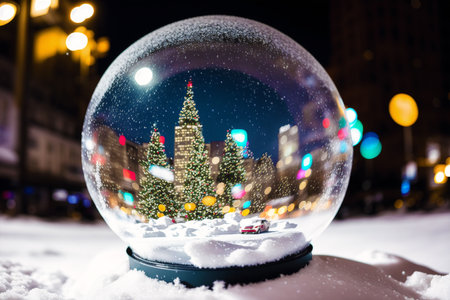 Snow globe with christmas tree in city at night. Christmas and New Year concept.の素材