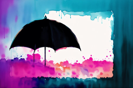 Black umbrella on abstract watercolor background with place for your text.の素材