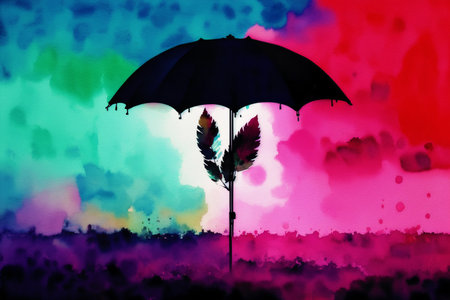 Illustration of an umbrella protecting a feather against the background of a colorful skyの素材