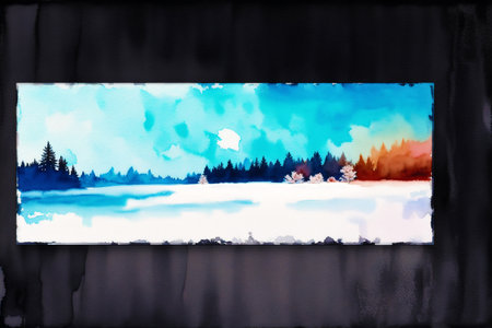 Illustration of winter landscape with frozen lake, trees and blue skyの素材