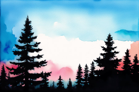 Silhouette of pine trees in the mountains. watercolor painting.の素材