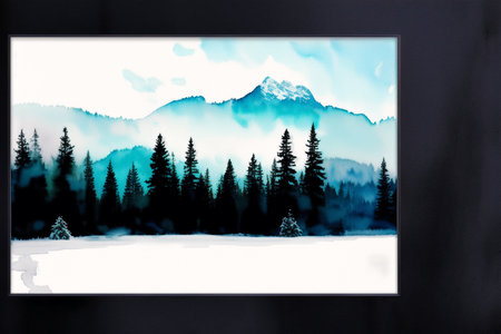 Digital composite of Picture frame against snow covered mountain against blue sky with cloudsの素材