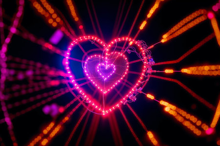 Generative AI art with a beautiful abstract human heart. Neon colors.Dance of Human Heart and AI. Generative AIの素材