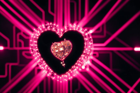 Generative AI art with a beautiful abstract human heart. Neon colors.Dance of Human Heart and AI. Generative AIの素材