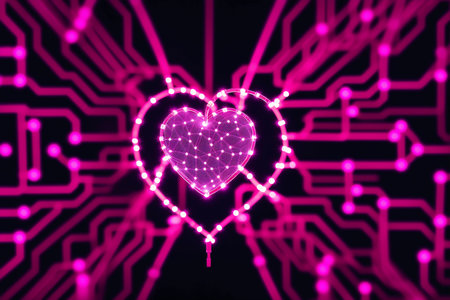 Generative AI art with a beautiful abstract human heart. Neon colors.Dance of Human Heart and AI. Generative AIの素材