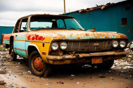 Generative AI art with Abandoned Car Dump. Wasteland of Wheels. Exploring the Car Dump Landscape. Generative AIの素材