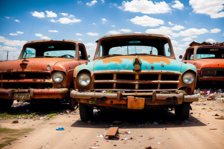 Generative AI art with Abandoned Car Dump. Wasteland of Wheels. Exploring the Car Dump Landscape. Generative AIの素材