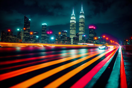 Generative AI art with Night city road. Pulse of the Metropolis. Navigating the Modern City Road. Generative AIの素材