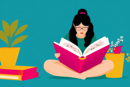 Generative AI art with A woman reading a book. A Woman's Journey Through the Pages. copyspace. Generative AIの素材